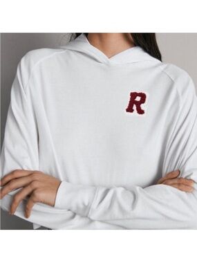 rag & bone Varsity White Hooded Crop Sweatshirt with Burgundy 'R' Patch